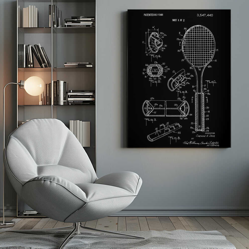 A framed patent illustration for a tennis racket, presented in a blueprint style with white lines and text on a black background. The poster displays various technical diagrams of the racket's components, including a full view and several cross-sections, with labels and patent information dated 1970. Poster
