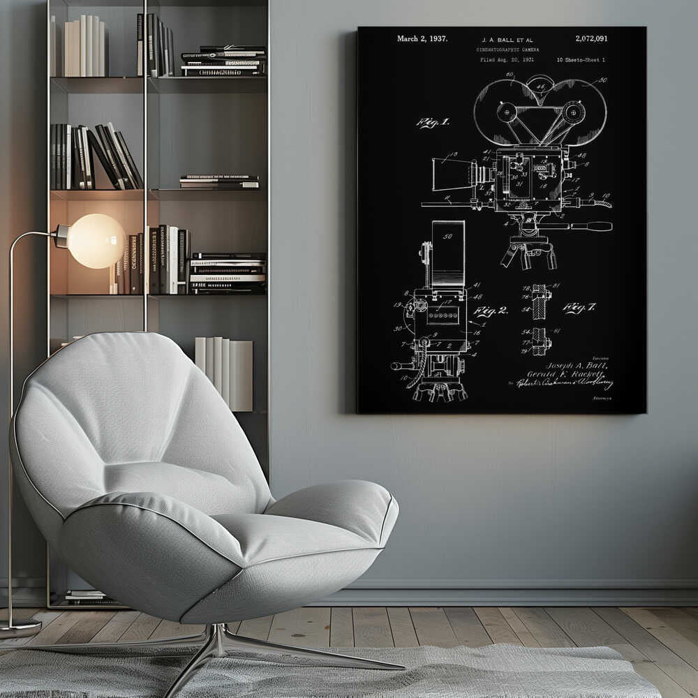 A framed vintage patent illustration for a cinematographic camera, presented as a white line drawing on a black background. The blueprint-style artwork shows detailed diagrams of a 1930s movie camera, complete with text from the original patent filing. Artwork