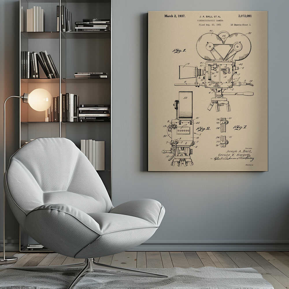 A framed print of a vintage patent diagram for a cinematographic camera, dated March 2, 1937. The technical drawing is in black ink on a beige background, showing multiple views and components of an old movie camera on a tripod. Artwork