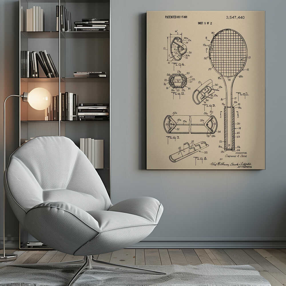 A framed vintage-style print of a tennis racket patent from December 15, 1970. The artwork shows detailed technical drawings and diagrams of the racket's construction on a beige background. Artwork
