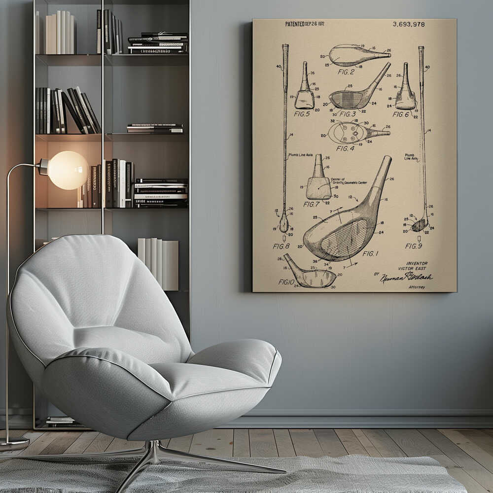 A framed vintage patent illustration for a golf club, dated September 26, 1972. The drawing, on beige paper, shows multiple detailed figures of the club's design from various angles, complete with reference numbers and labels like 'Plumb Line Axis'. Print