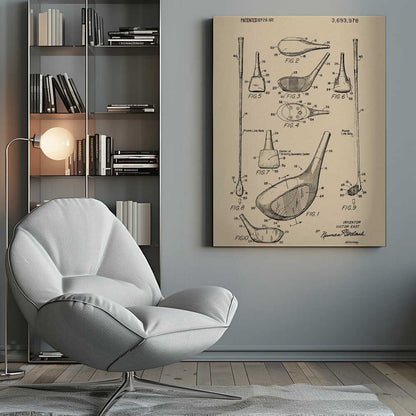 A framed vintage patent illustration for a golf club, dated September 26, 1972. The drawing, on beige paper, shows multiple detailed figures of the club's design from various angles, complete with reference numbers and labels like 'Plumb Line Axis'. Print