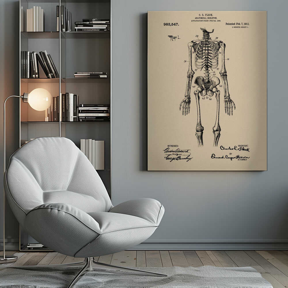 A framed vintage patent illustration of a human anatomical skeleton, printed in black ink on aged beige paper. The detailed drawing shows a full frontal view of the skeleton with numbered parts, text, and signatures in a classic patent document style. Poster