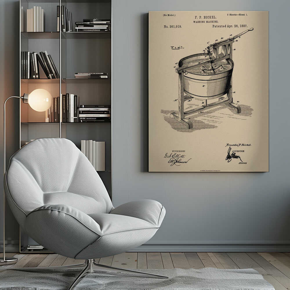A framed vintage patent illustration for an F. P. Bickel washing machine, patented on April 26, 1887. The technical drawing, rendered in black ink on a beige background, shows a tub on a wooden stand with a hand-cranked mechanism. Artwork