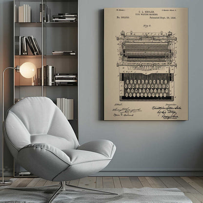 A framed vintage patent illustration for a C.L. Sholes typewriter, dated September 29, 1896. The detailed black ink drawing is on a beige background and shows a front view of the machine's complex mechanics and keyboard, with signatures of the inventor and attestants below. Print
