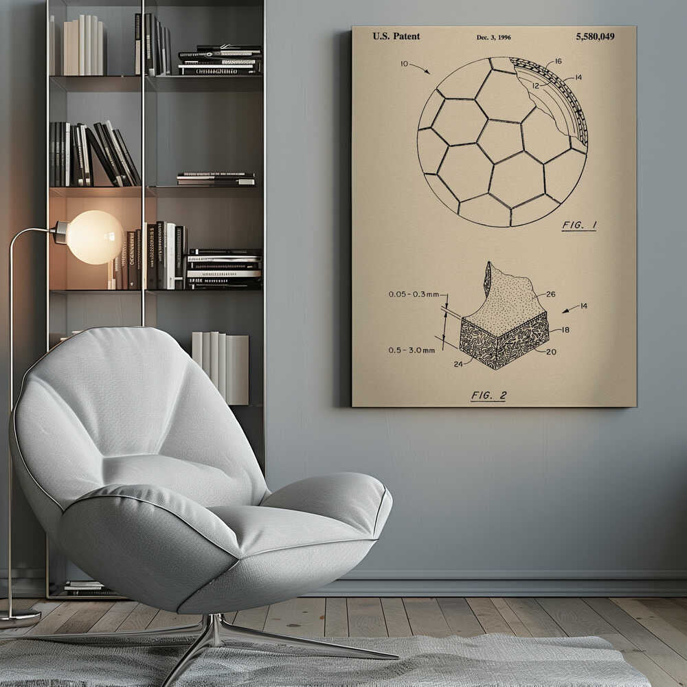 A framed vintage-style patent drawing of a soccer ball, U.S. Patent 5,580,049 from 1996. The poster displays two figures on a beige background: FIG. 1 shows the soccer ball with its hexagonal pattern and a cutaway view of its layers, while FIG. 2 provides a detailed cross-section of the ball's material. Wall Art