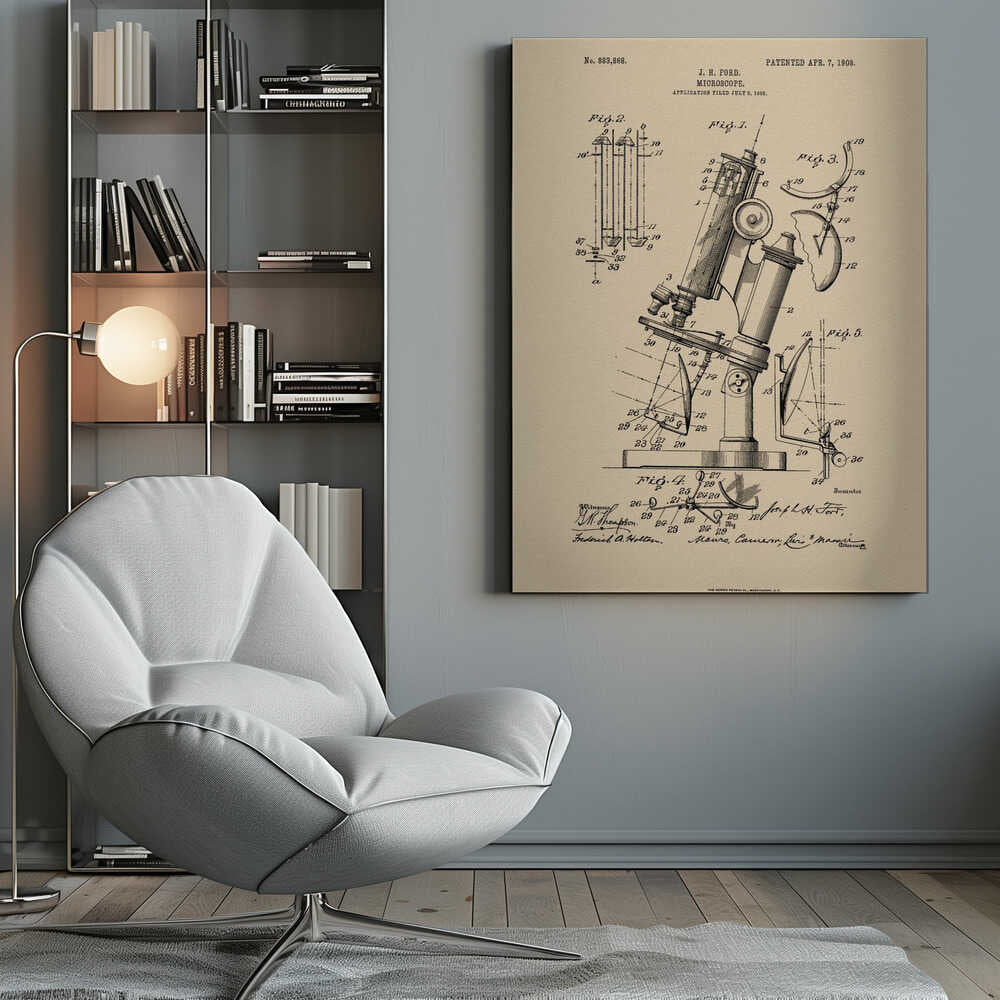 A framed art print of a vintage patent for a J. H. Ford microscope, dated April 7, 1908. The print features detailed black ink diagrams on a beige, parchment-like background, all enclosed in a simple black frame. Print
