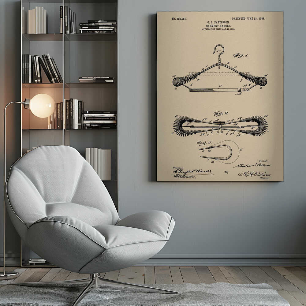 A framed vintage patent illustration for a garment hanger, dated June 12, 1906. The technical drawing is in black ink on tan-colored paper and shows multiple figures of a wire hanger with coiled springs on its arms, along with inventor and witness signatures. Wall Art