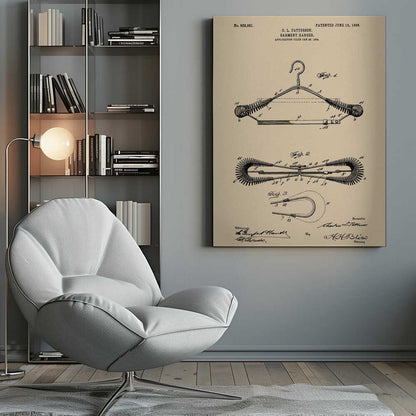 A framed vintage patent illustration for a garment hanger, dated June 12, 1906. The technical drawing is in black ink on tan-colored paper and shows multiple figures of a wire hanger with coiled springs on its arms, along with inventor and witness signatures. Wall Art