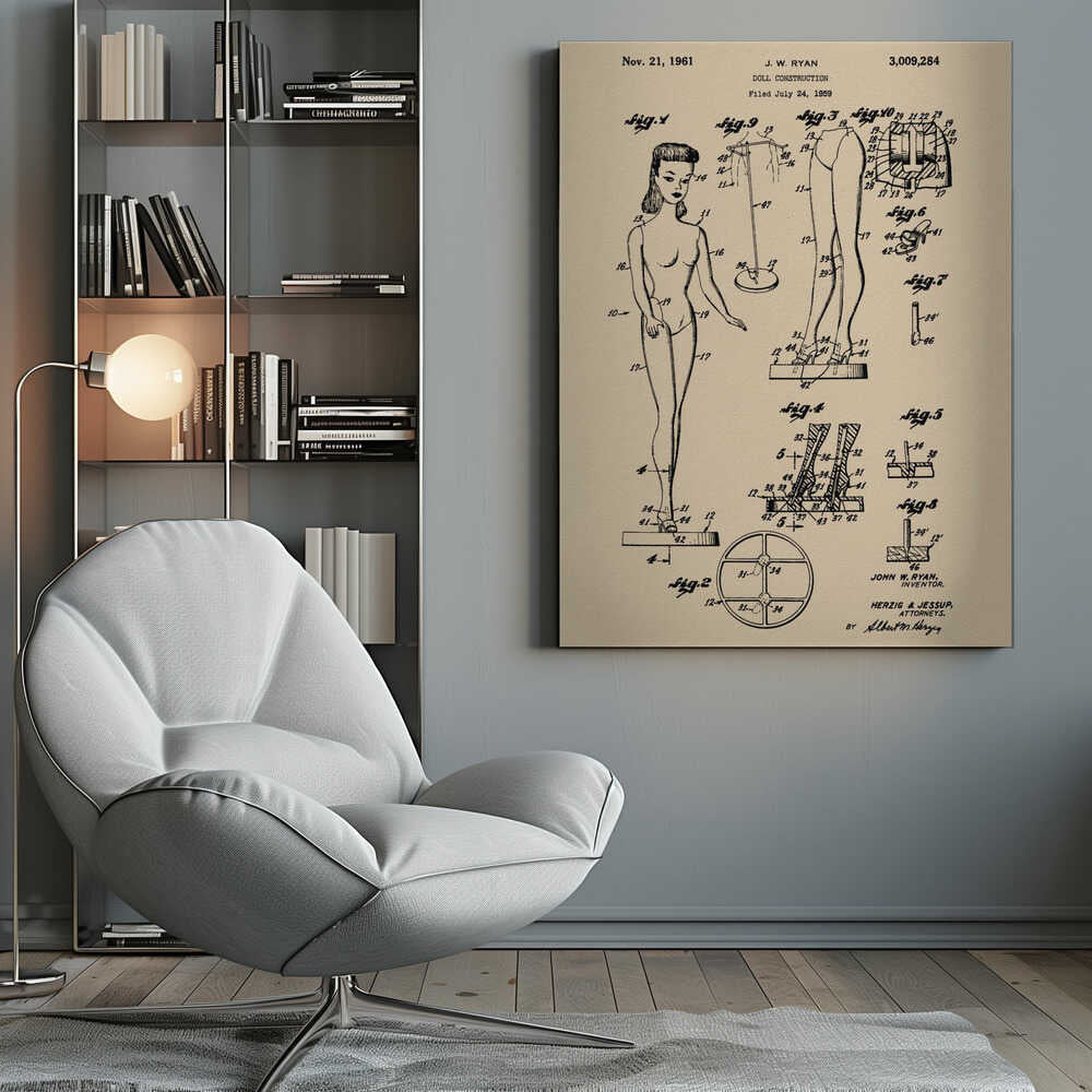 A framed vintage patent print for a 'Doll Construction' from 1961, showing detailed schematic drawings of a female doll resembling the original Barbie. The print is on beige paper with black ink and has a black frame. Wall Art