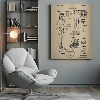 A framed vintage patent print for a 'Doll Construction' from 1961, showing detailed schematic drawings of a female doll resembling the original Barbie. The print is on beige paper with black ink and has a black frame. Wall Art