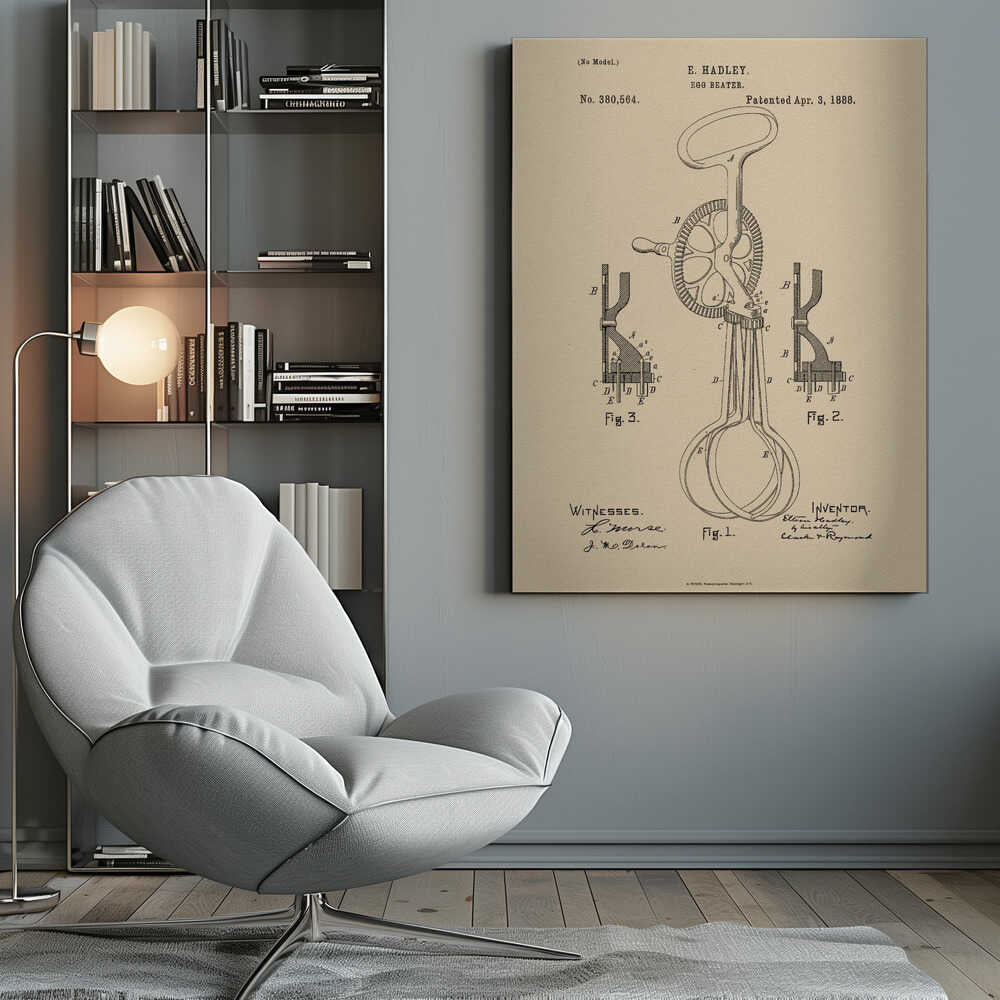 A framed vintage patent illustration for an E. Hadley egg beater, dated April 3, 1888. The technical drawing is in black ink on beige paper and shows multiple figures of the hand-cranked kitchen utensil. Poster
