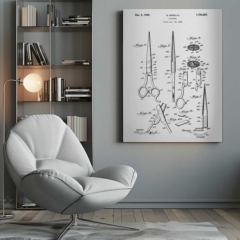 A framed black and white patent illustration for scissors by G. Miriello, dated December 2, 1930. The technical drawing shows multiple figures detailing the design, assembly, and components of the scissors against a white background. Print