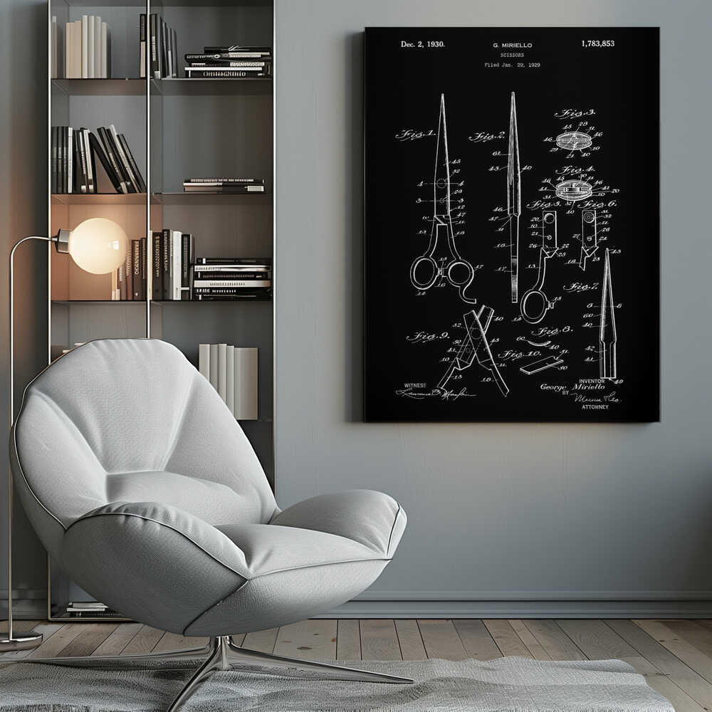 A framed vintage patent illustration for scissors, dated 1930, by inventor G. Miriello. The design is rendered in white lines on a black background, showing multiple detailed figures and schematics of the scissors' construction in a classic blueprint style. Decor