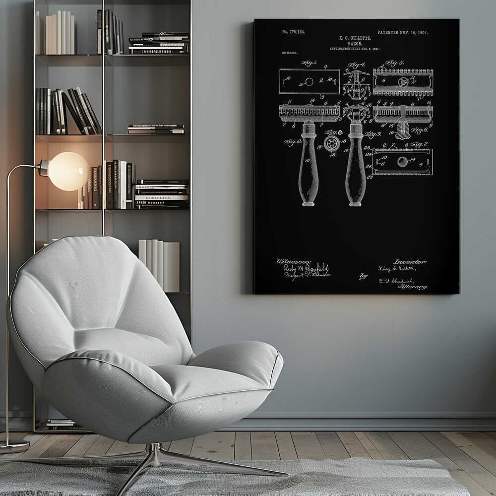 A framed black and white patent illustration for K.C. Gillette's razor, dated 1904. The technical drawing shows multiple views and components of the safety razor against a black background, complete with labels, inventor's name, and patent number. Decor