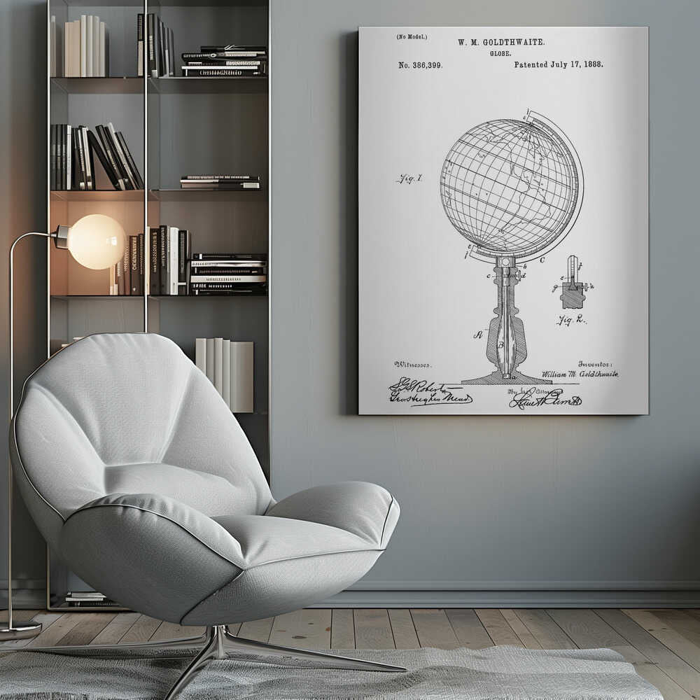 A framed black and white patent illustration for a globe, patented by W. M. Goldthwaite on July 17, 1888. The image features a detailed diagram of the globe on its stand, labeled 'Fig. 1', along with a smaller detail view, 'Fig. 2'. The patent number, inventor's name, and signatures are visible. Poster