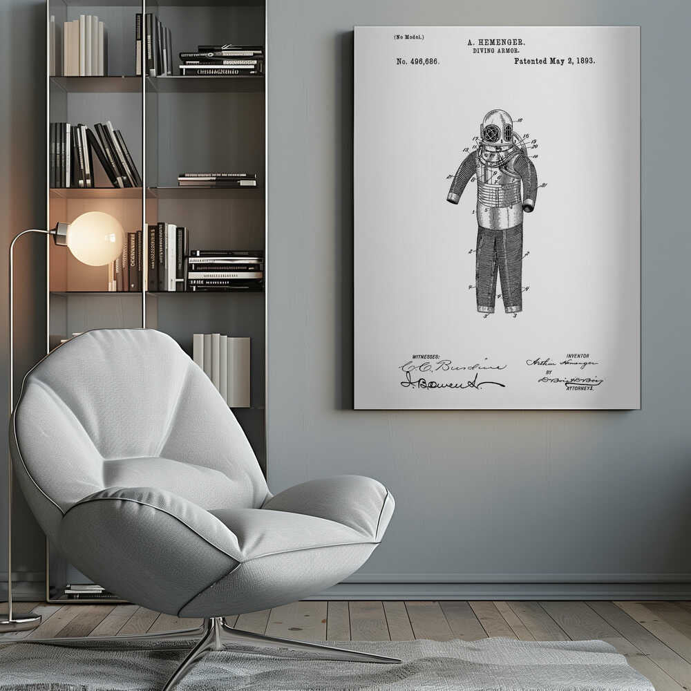 A framed black and white patent illustration for A. Hemenger's 'Diving Armor,' dated May 2, 1893, showing a detailed technical drawing of a vintage deep-sea diving suit. Artwork