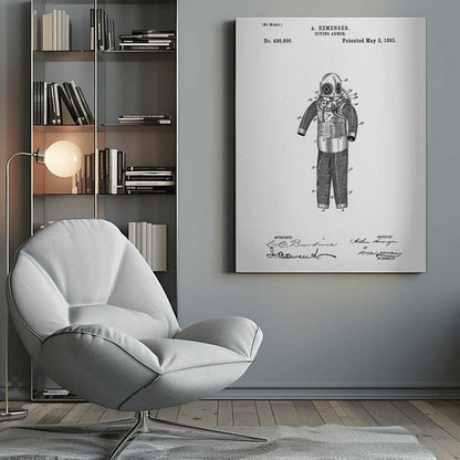 A framed black and white patent illustration for A. Hemenger's 'Diving Armor,' dated May 2, 1893, showing a detailed technical drawing of a vintage deep-sea diving suit. Artwork
