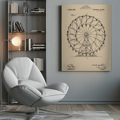 A framed vintage patent illustration of a Ferris wheel from 1920. The technical drawing is in black ink on aged beige paper, detailing the structure of the amusement apparatus. Text at the top identifies the inventor, C. Hermann, and the patent date, September 28, 1920. Decor