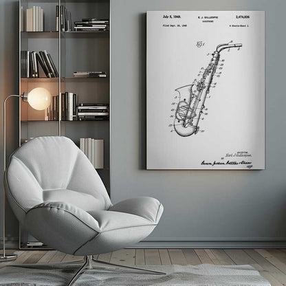 A framed black and white patent illustration for a saxophone, invented by E. J. Gillespie. The drawing, dated July 5, 1949, shows a detailed diagram of the instrument with numbered parts, set against a white background. Wall Art