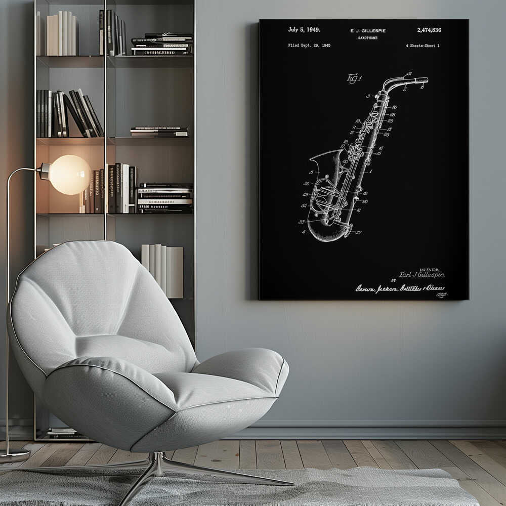 A framed black and white patent illustration for a saxophone, dated July 5, 1949. The image features a detailed schematic of the instrument as a white line drawing on a black background, with various parts numbered. Text at the top includes the date, inventor's name (E.J. Gillespie), and patent number. Wall Art