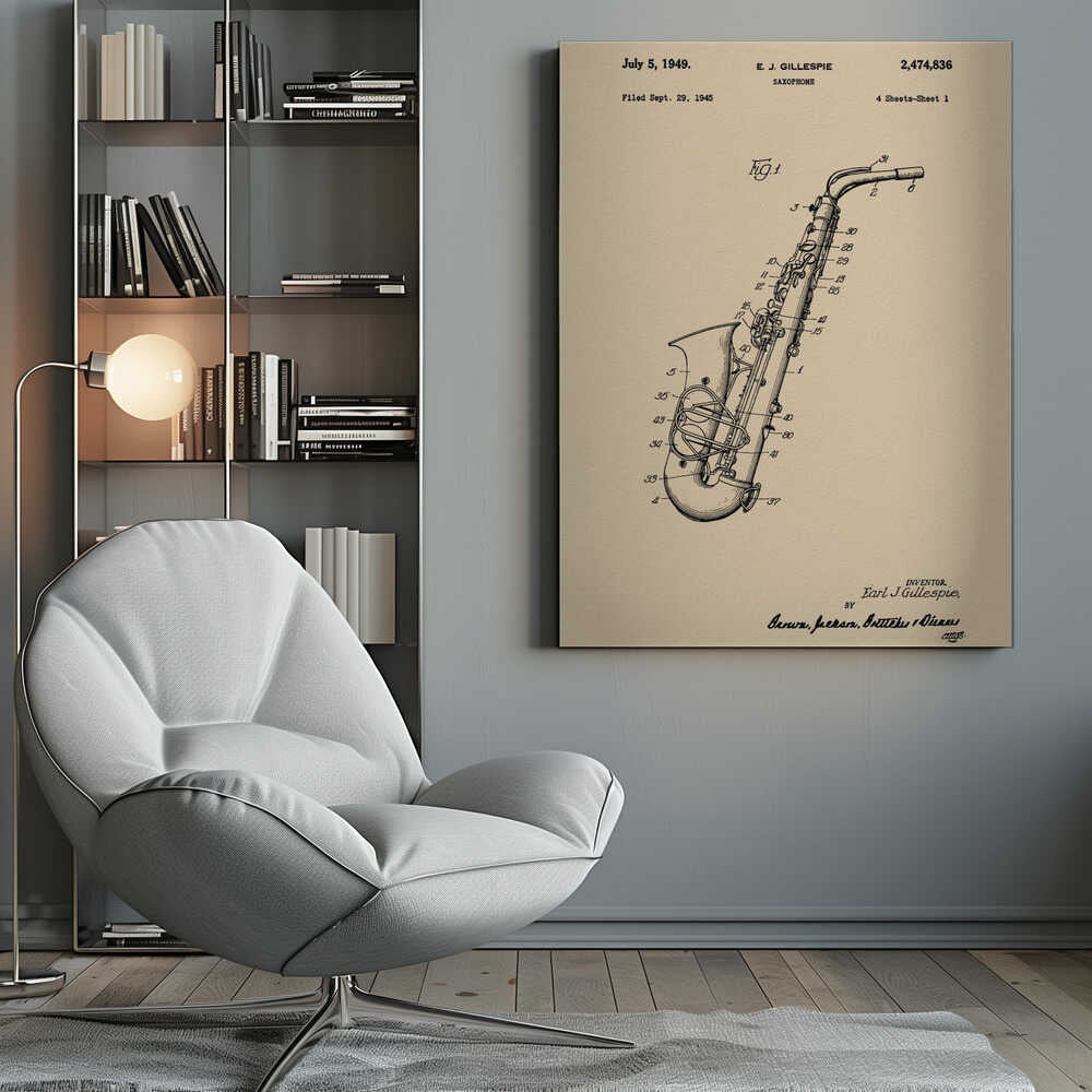 A framed vintage patent illustration of a saxophone, dated July 5, 1949. The detailed black line drawing is on a beige background and includes technical numbers pointing to different parts of the instrument. Artwork