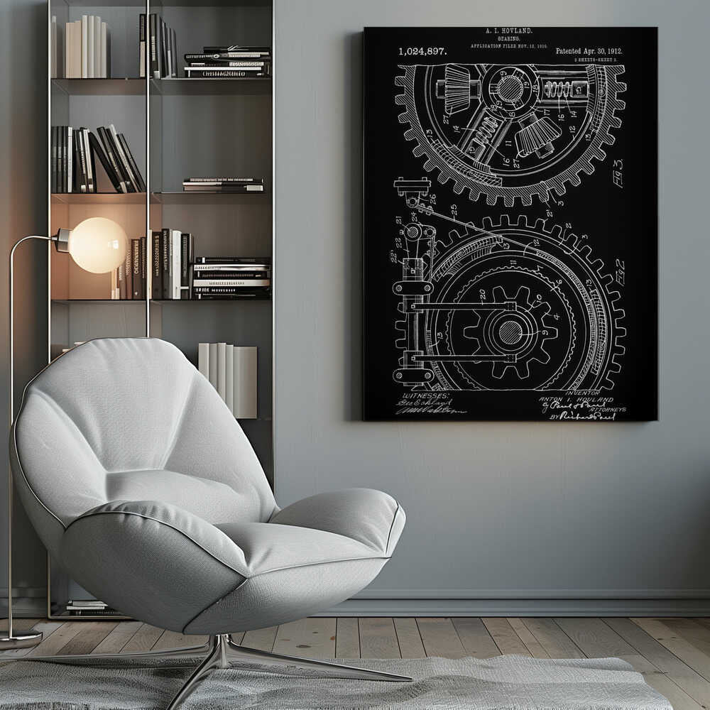 A vintage patent diagram from 1912 for a gearing mechanism, displayed as a white line drawing on a black background. The technical illustration shows two large interlocking gears in cross-section, with detailed components and numbered parts. Text at the top identifies the inventor, patent number, and dates. Decor