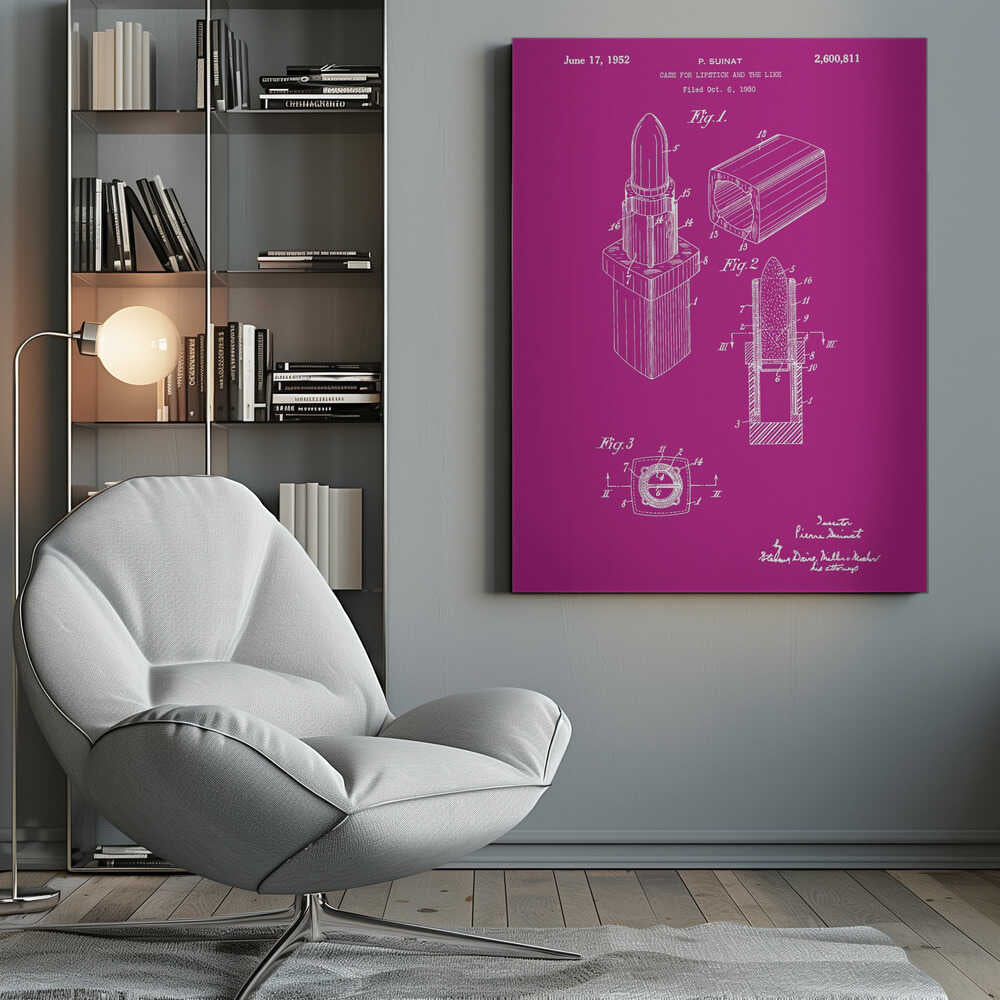 A framed patent illustration for a lipstick case from 1952, depicted in white line art on a vibrant magenta background. The poster shows multiple figures of the lipstick mechanism, including an isometric view, a cross-section, and a top-down view, all within a black frame. Poster
