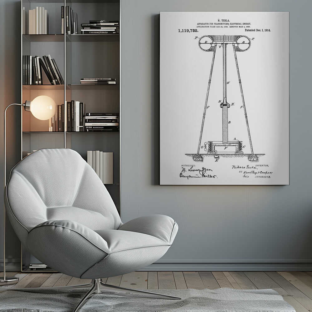 A framed black and white patent illustration by Nikola Tesla for an 'APPARATUS FOR TRANSMITTING ELECTRICAL ENERGY,' dated 1914. The technical drawing shows a large coil and tower structure with labeled parts, and includes signatures of the inventor and witnesses at the bottom. Wall Art