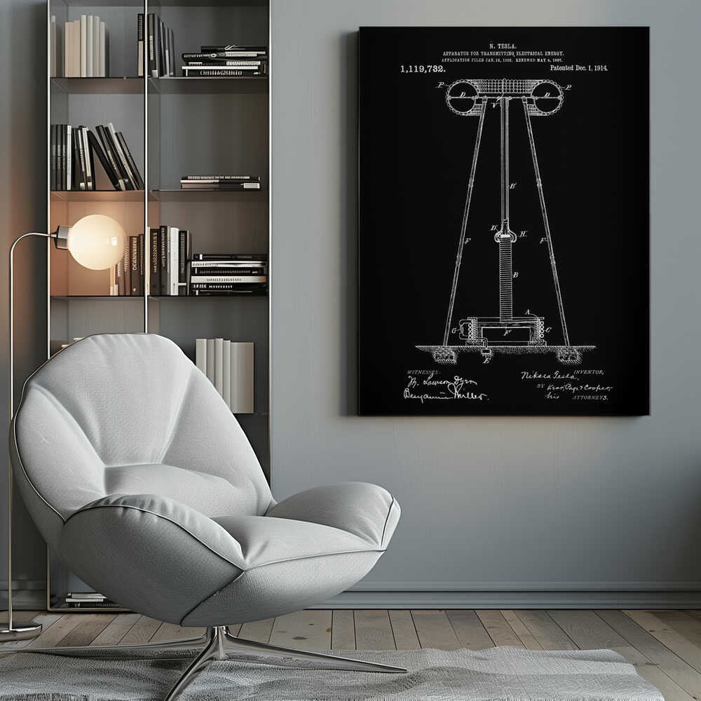 A framed black and white patent illustration by Nikola Tesla for his 'Apparatus for Transmitting Electrical Energy.' The diagram, dated December 1, 1914, shows a large coil and tower structure, with signatures of the inventor and witnesses at the bottom. Decor