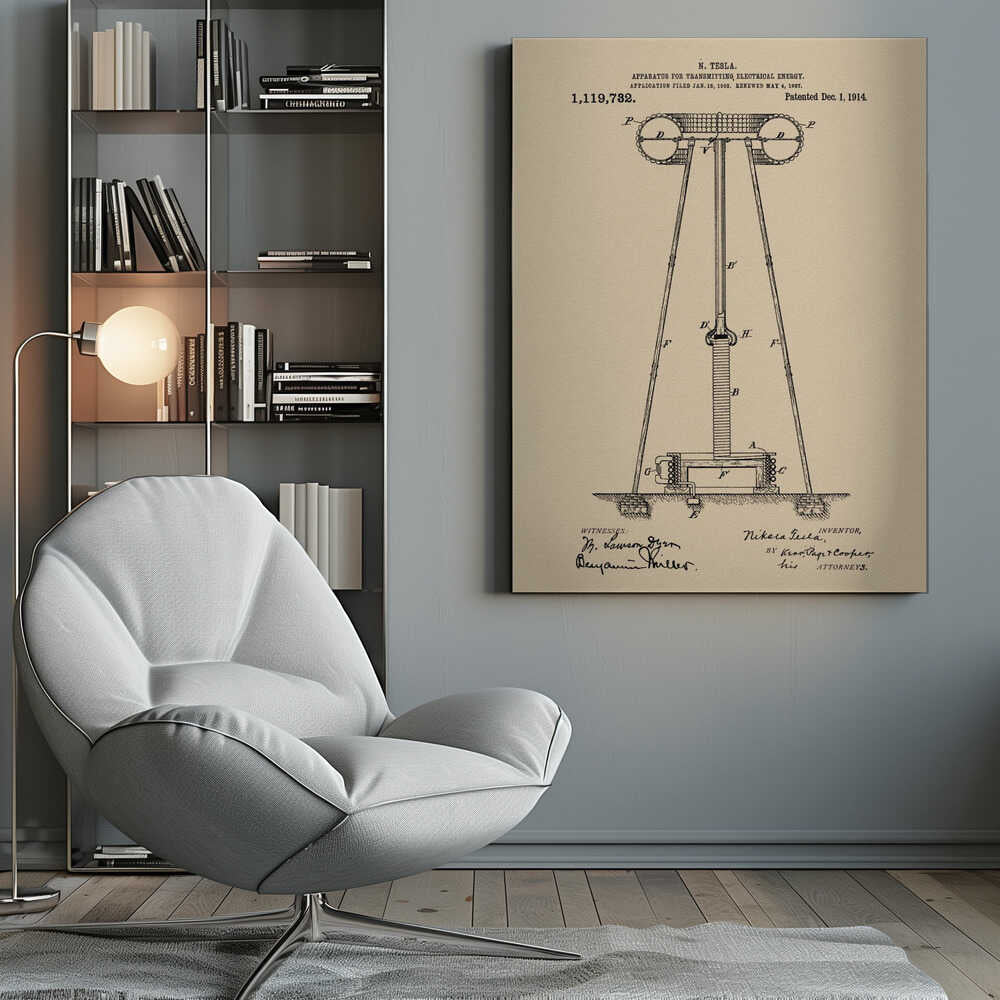 A framed vintage patent print of Nikola Tesla's 'Apparatus for Transmitting Electrical Energy,' dated 1914. The illustration shows a detailed technical drawing of a large tower-like structure on a beige parchment-style background, complete with patent number, dates, and signatures. Print
