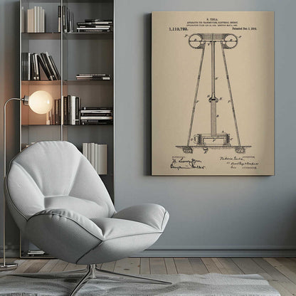 A framed vintage patent print of Nikola Tesla's 'Apparatus for Transmitting Electrical Energy,' dated 1914. The illustration shows a detailed technical drawing of a large tower-like structure on a beige parchment-style background, complete with patent number, dates, and signatures. Print
