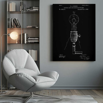 A framed black and white patent illustration for T. A. Edison's electric lamp and holder, dated October 3, 1882. The technical drawing shows a detailed schematic of an early light bulb and its base against a solid black background. Poster