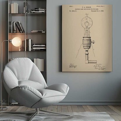 A framed vintage patent illustration for T.A. Edison's Electric Lamp and Holder, dated October 3, 1882. The detailed black line drawing on aged, beige paper shows a light bulb screwed into a holder with wires extending from it. Decor