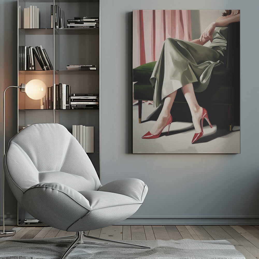 A painting of a woman from the torso down, sitting elegantly in a dark green armchair. She wears a flowing sage green dress and vibrant, glossy red stiletto heels. Behind her, pink curtains add a soft backdrop to the scene. Decor