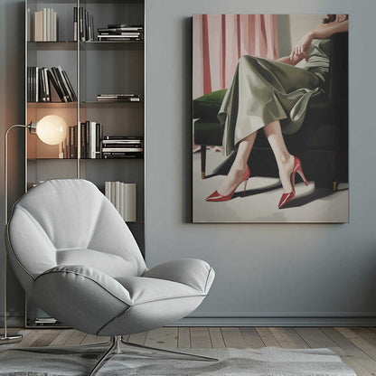 A painting of a woman from the torso down, sitting elegantly in a dark green armchair. She wears a flowing sage green dress and vibrant, glossy red stiletto heels. Behind her, pink curtains add a soft backdrop to the scene. Decor