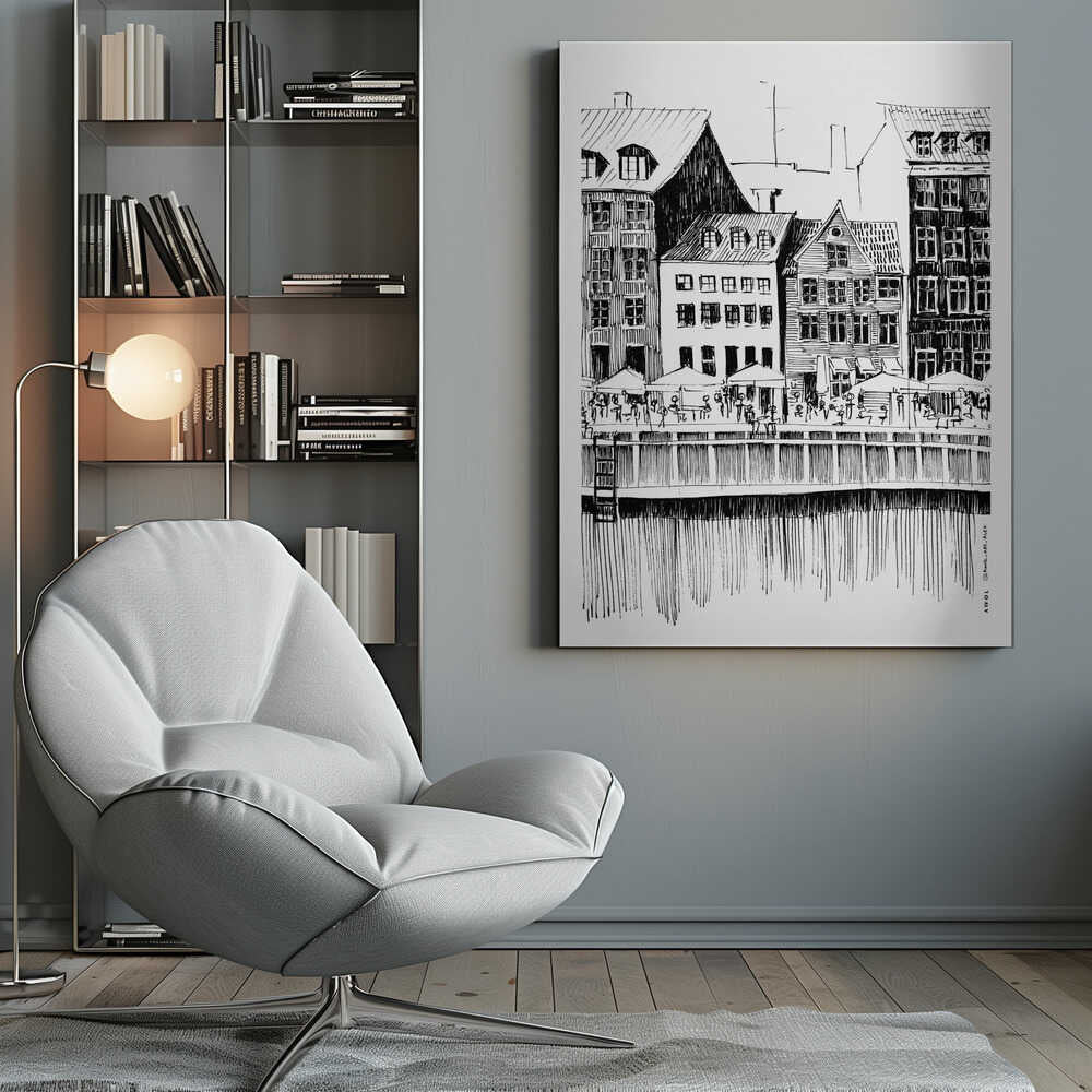 A black and white ink line drawing of a charming European city scene along a canal. Tall, narrow buildings with gabled roofs line the waterfront, in front of which is a bustling pier with outdoor cafes filled with people under umbrellas. The water's reflection is illustrated with simple vertical lines. The artwork is framed in black. Wall Art