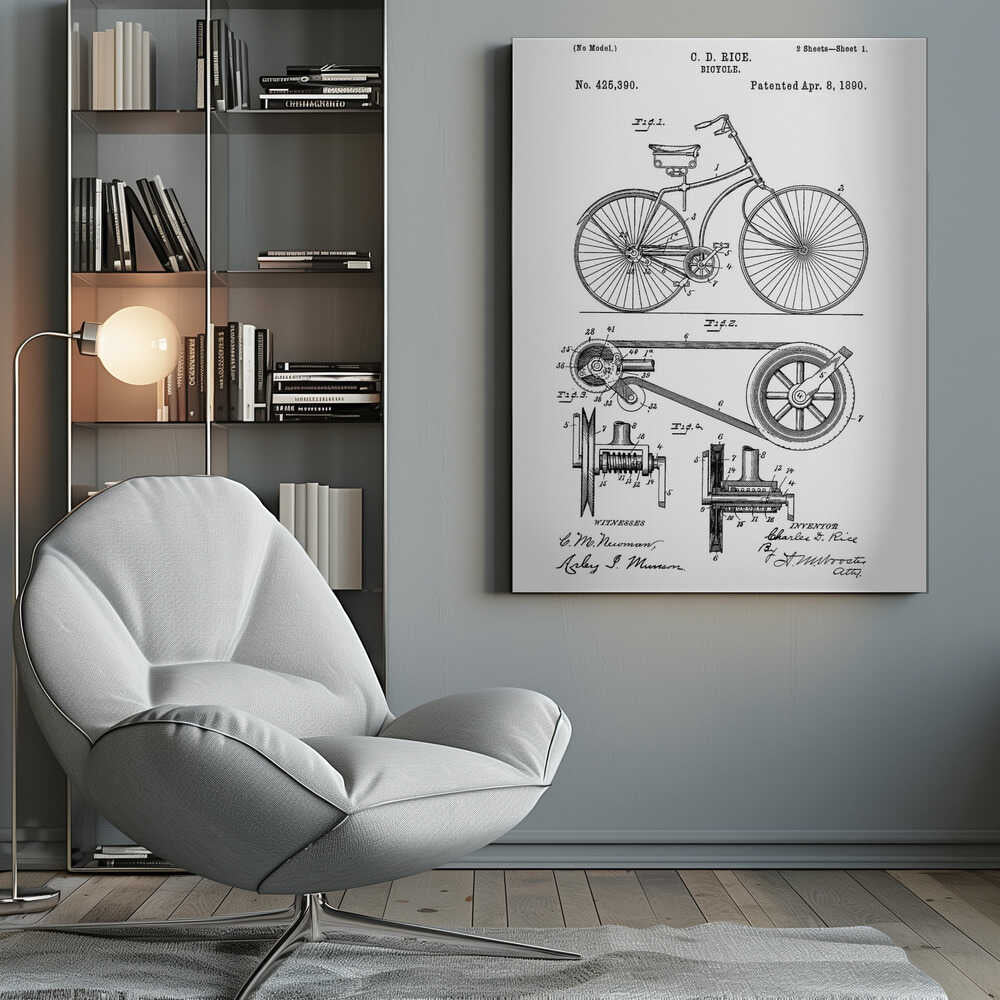 A framed black and white patent illustration for a bicycle invented by C. D. Rice, patented April 8, 1890. The technical drawing shows a side view of the bicycle and detailed diagrams of its mechanical components. Print
