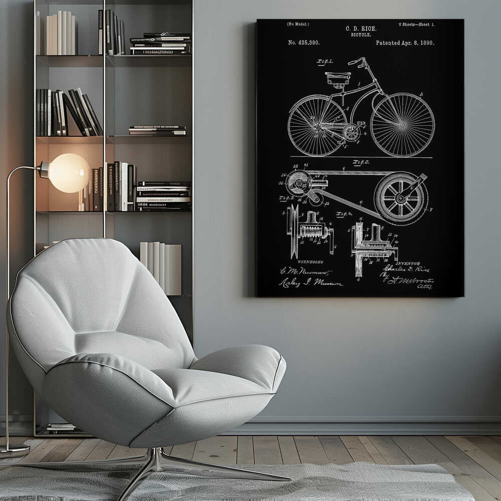 A framed black and white patent illustration for a bicycle invented by C. D. Rice, dated April 8, 1890. The artwork displays detailed technical drawings of the bicycle's design and mechanical components against a solid black background. Wall Art