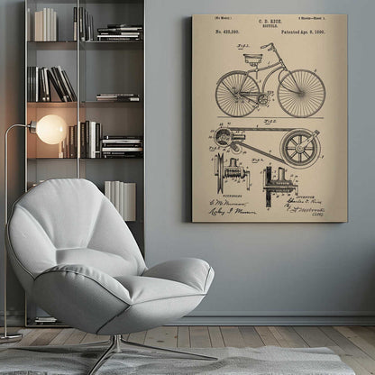A framed vintage patent illustration for a bicycle by C. D. Rice, dated April 8, 1890. The technical drawing is in black ink on a beige, parchment-style background, showing detailed schematics of the bicycle and its components. Wall Art