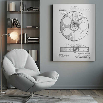 A framed black and white patent illustration for a film reel by M. G. Delaney, patented on June 29, 1915. The technical drawing shows a top view and a cross-section of the film reel, complete with part numbers, inventor's signature, and patent information. Poster