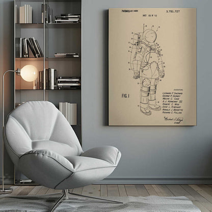 A framed vintage patent illustration of an astronaut's spacesuit, presented as a black line drawing on tan paper. The detailed diagram is labeled with numbers and includes patent details, dates, and inventors' names. Wall Art