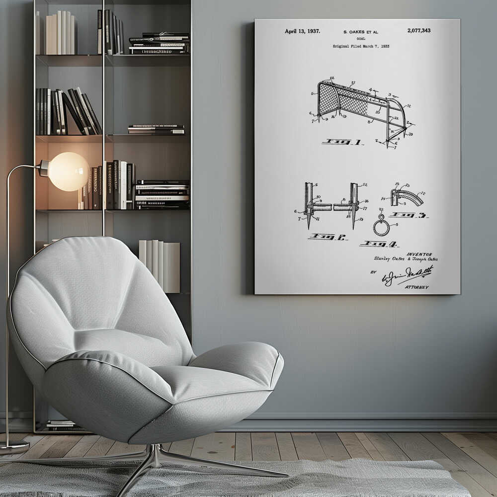 A framed black and white patent illustration for a sports goal, dated April 13, 1937. The diagram shows multiple figures detailing the construction of the goal, complete with labels, inventor names, and signatures. Decor