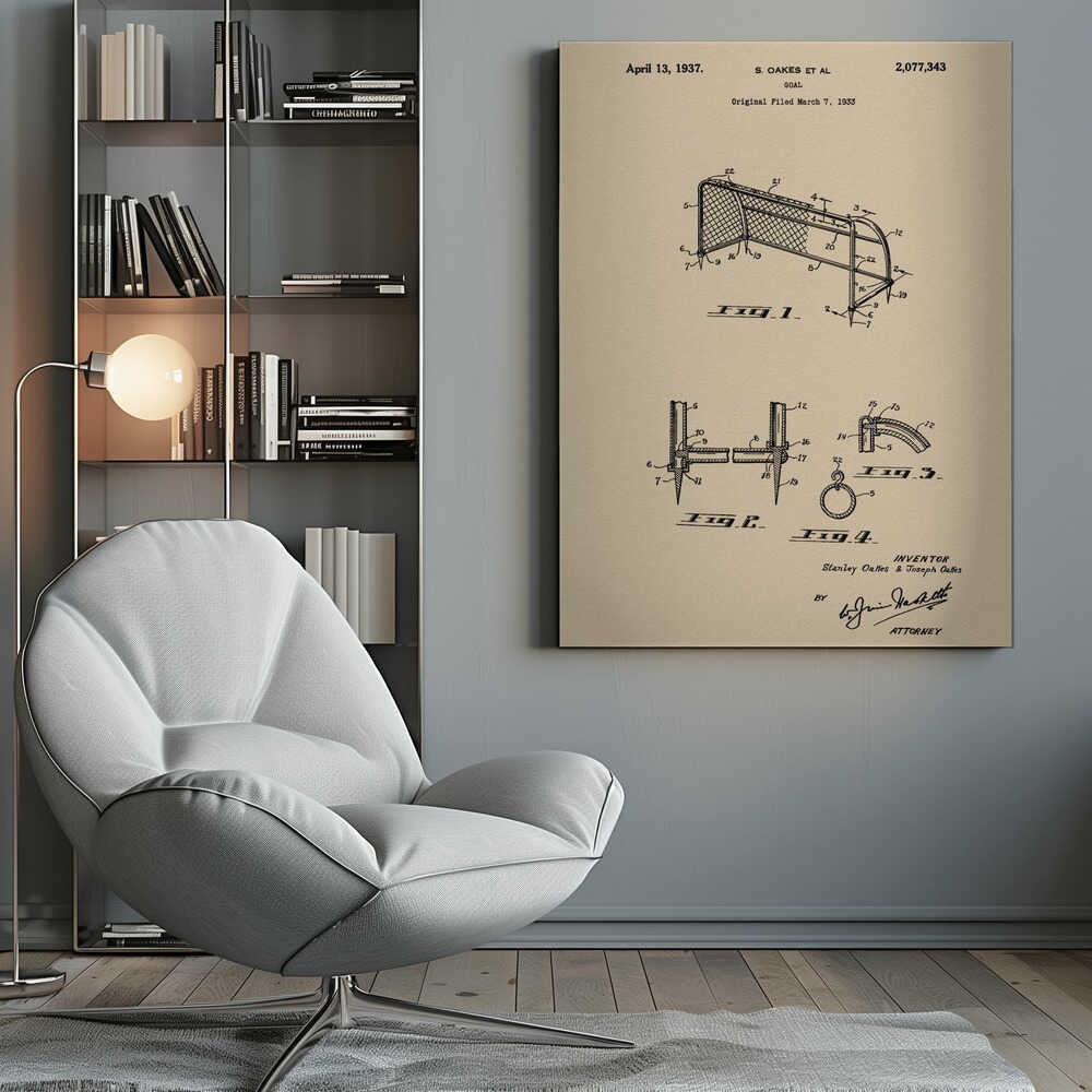 A framed vintage-style patent print for a sports goal, dated April 13, 1937. The artwork features detailed black line drawings of the goal and its components on a beige parchment background, complete with patent numbers, inventor names, and signatures. Poster