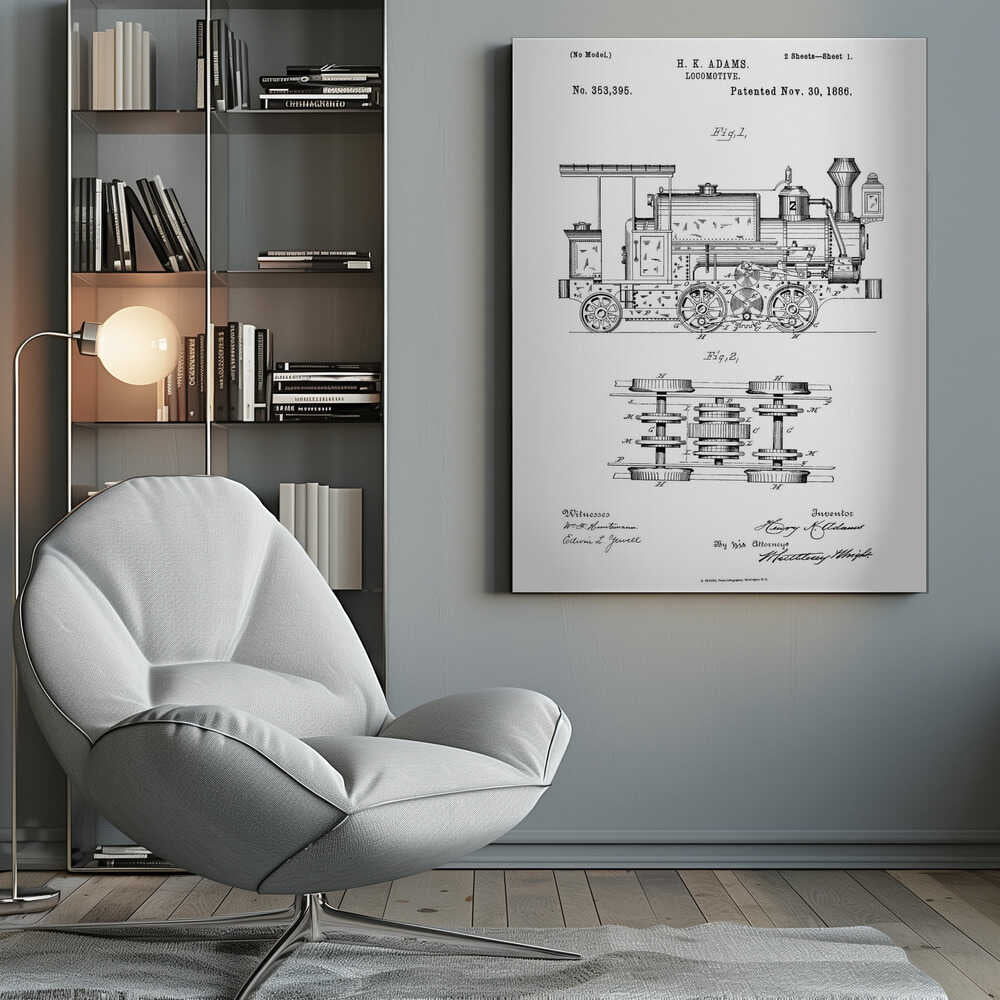 A framed black and white patent illustration for an H.K. Adams locomotive, dated November 30, 1886. The drawing features a detailed side view of the steam engine and a top-down diagram of its wheel and gear assembly. Wall Art
