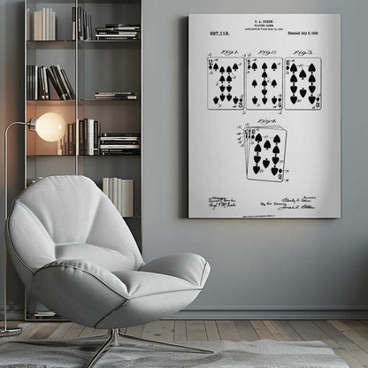 A framed, black and white patent illustration for playing cards by S. A. Cohen, patented July 6, 1909. The technical drawing displays four figures showing various spade playing cards, including a 12, 11, and 10, along with official text and signatures. Decor