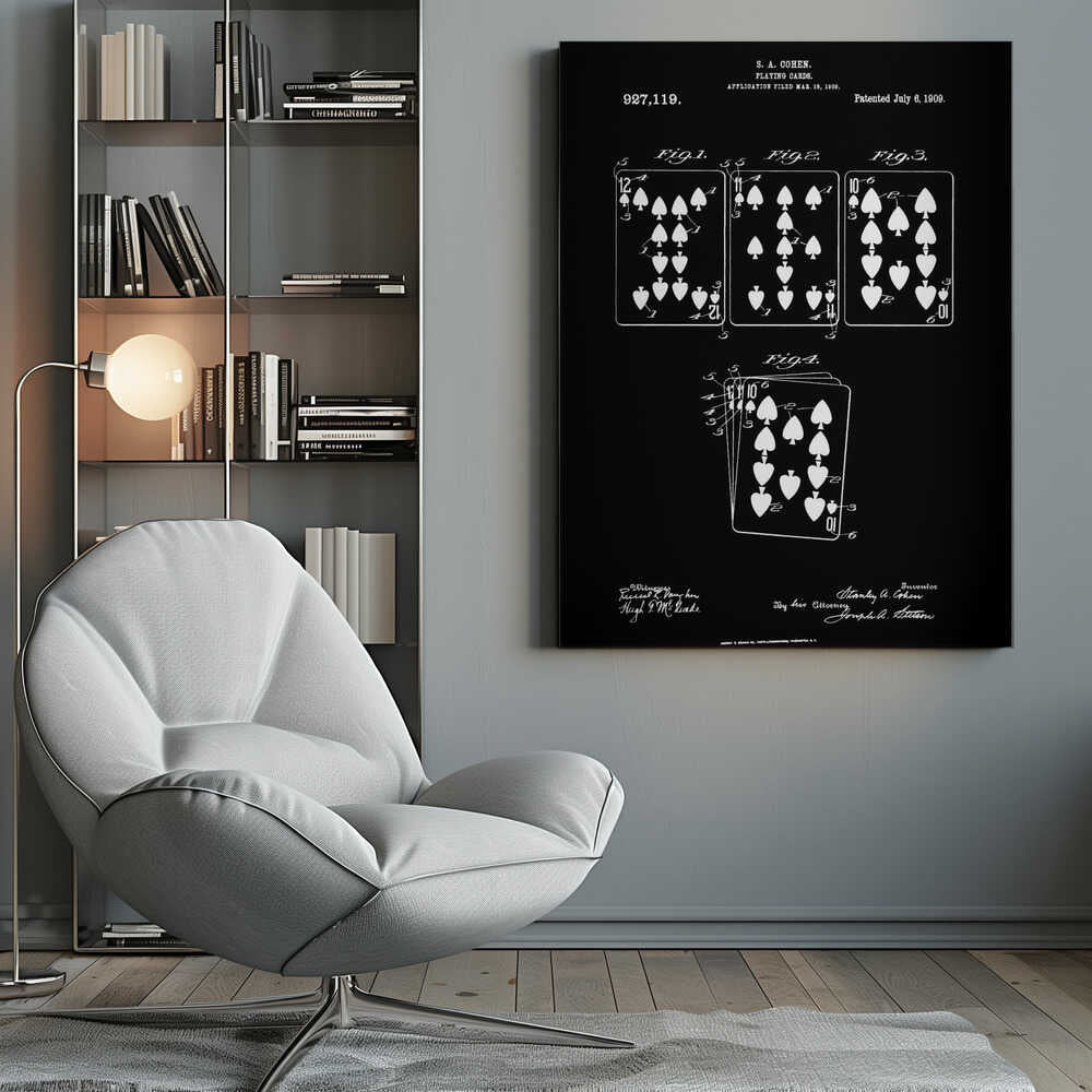 A framed black and white patent illustration from 1909 for playing cards by S.A. Cohen. The blueprint-style drawing shows four figures of playing cards, primarily with spade and heart suits, on a black background. Text and signatures related to the patent are visible at the top and bottom. Wall Art