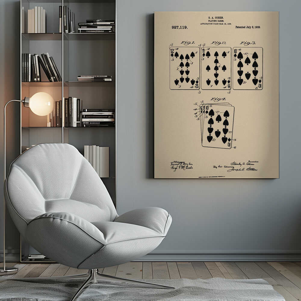 A framed vintage patent print for S. A. Cohen's playing cards, dated July 6, 1909. The print is on beige paper with black ink, showing diagrams of the 12, 11, and 10 of spades, along with technical text and signatures. Wall Art