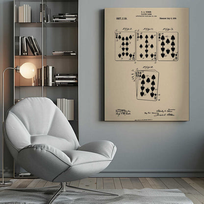 A framed vintage patent print for S. A. Cohen's playing cards, dated July 6, 1909. The print is on beige paper with black ink, showing diagrams of the 12, 11, and 10 of spades, along with technical text and signatures. Wall Art