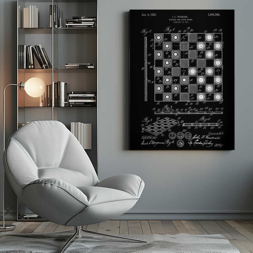 A framed vintage patent illustration for a checker and chess board, presented in a white-on-black blueprint style. The poster displays detailed technical drawings, including a top-down view of the game in progress, a perspective view of the board, and various figures with annotations, all dated Jan. 9, 1923. Wall Art